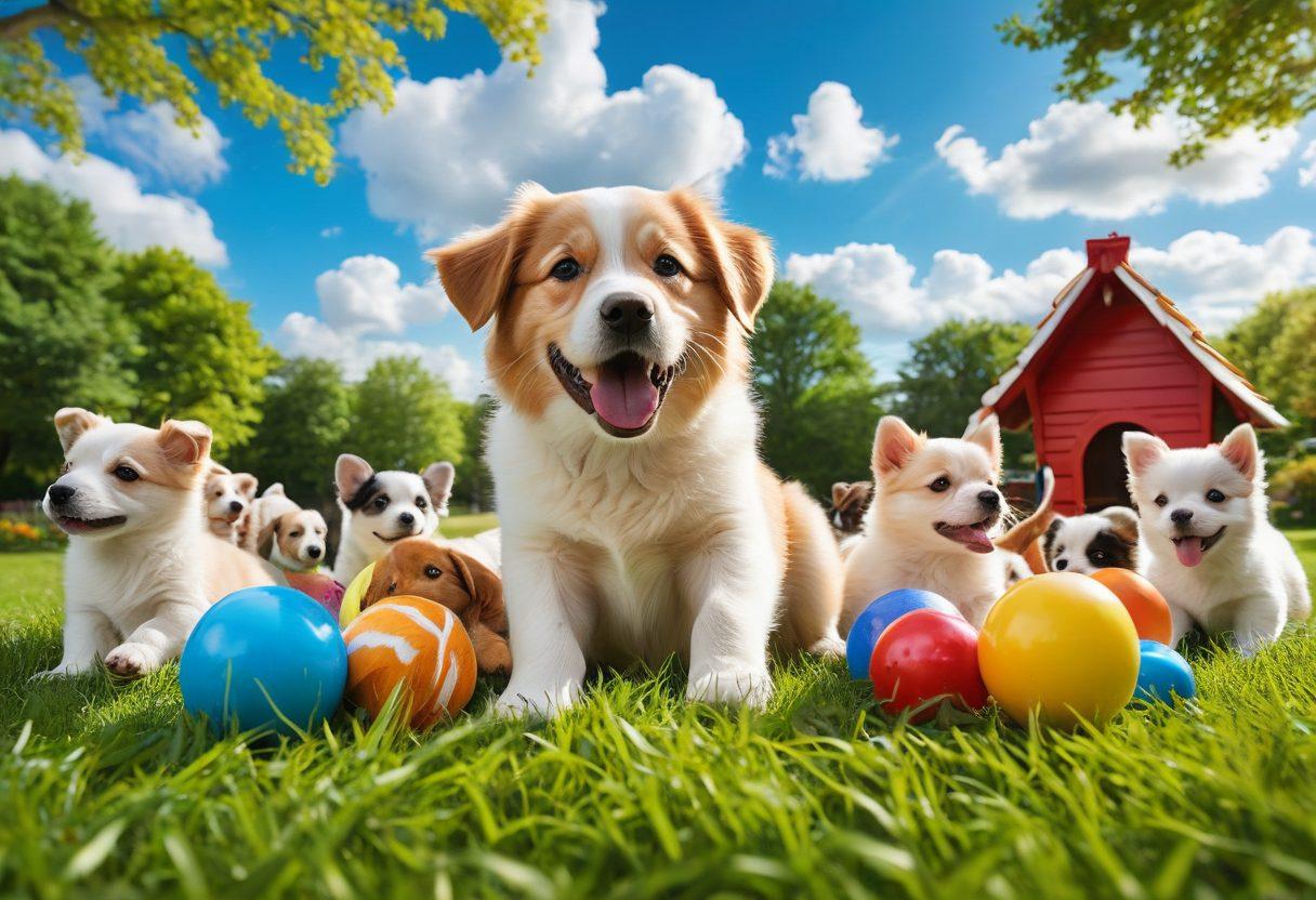 A happy dog playing in a sunny park, surrounded by playful puppies, colorful toys, and lush green grass, exuding joy and companionship. Include a person gently petting a dog, showcasing a bond of love and care. The sky is bright blue with fluffy clouds, creating a warm and inviting atmosphere. super-realistic. vibrant colors.