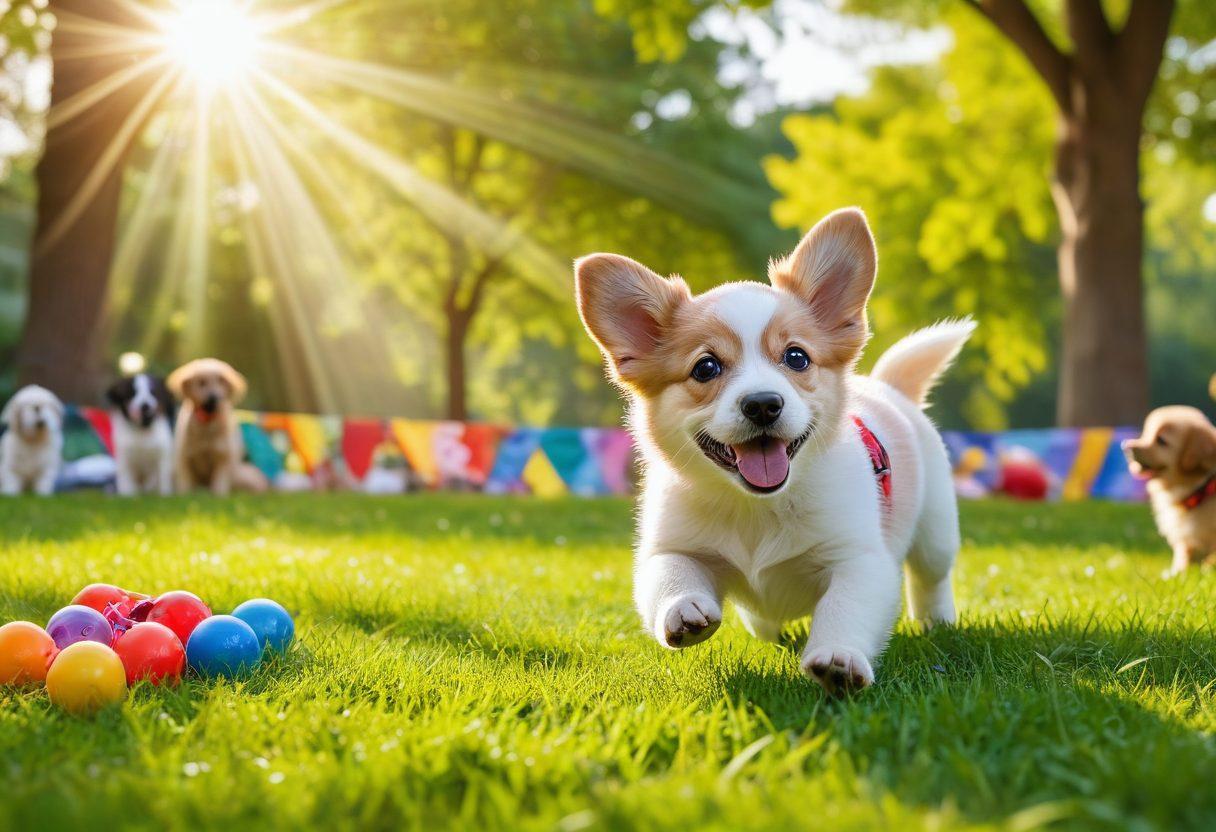 A heartwarming scene of a joyful puppy playing in a lush green park, surrounded by various dog care items like leashes, bowls, and toys. In the background, a diverse group of dog owners chatting and participating in a dog event, with colorful banners and playful dogs interacting. The sunlight filters through the trees, creating a cheerful atmosphere. super-realistic. vibrant colors. sunny day.