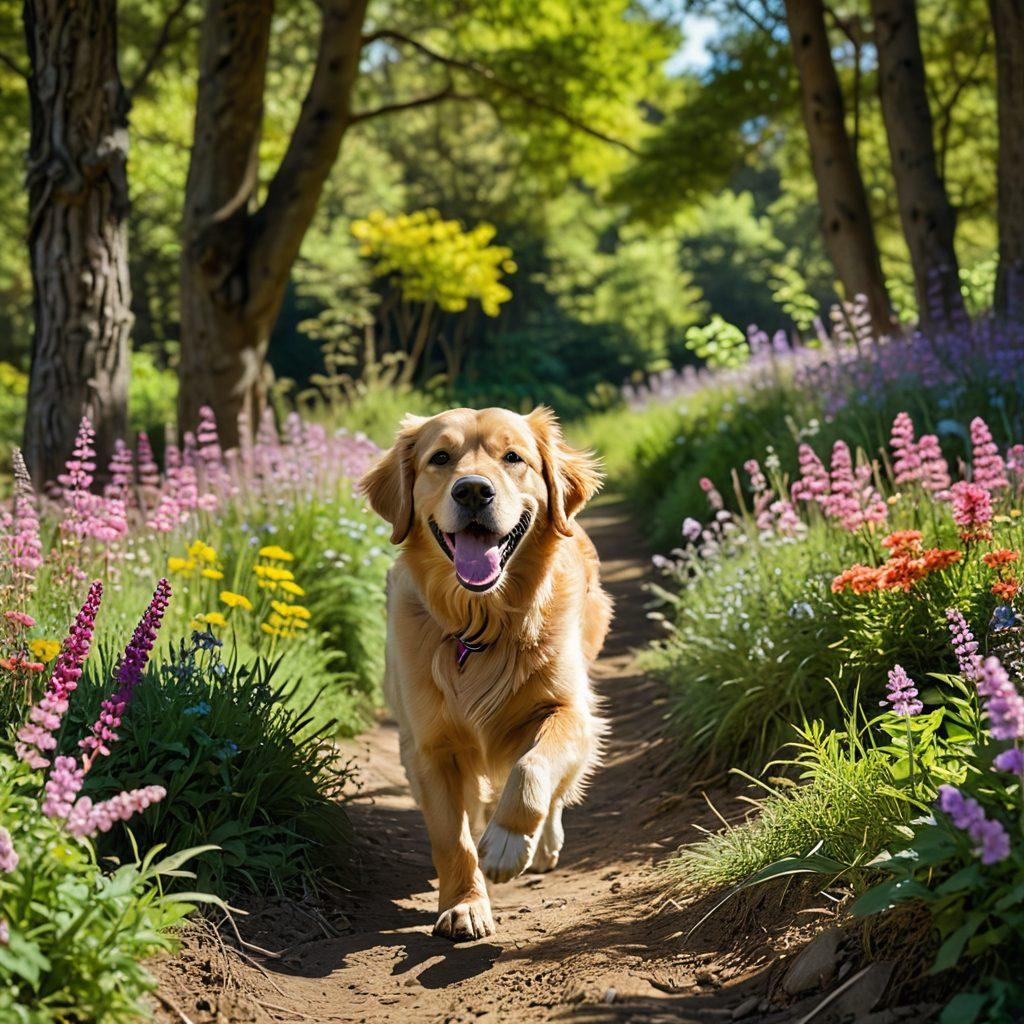 A joyful golden retriever racing down a lush green trail, surrounded by colorful wildflowers, with its tongue out and tail wagging in pure happiness. In the background, soft sunlight filters through tall trees, casting dappled shadows on the path. A lively squirrel darts among the branches, adding a playful touch to the scene. Capture the warmth and energy of a perfect day outdoors with a dog. super-realistic. vibrant colors. nature background.